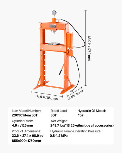 Hydraulic Shop Press, 30 T H-Frame Pneumatic Shop Press with Press Plate & Triangular Support, Stable Garage Floor Adjustable Hydraulic Press with Relief Valve, Fit for Bending & Straightening