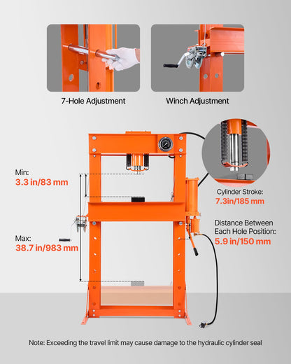 Hydraulic Shop Press, 50 T H-Frame Pneumatic Shop Press with Press Plate & Triangular Support, Stable Garage Floor Adjustable Hydraulic Press with Relief Valve, Fit for Bending & Straightening