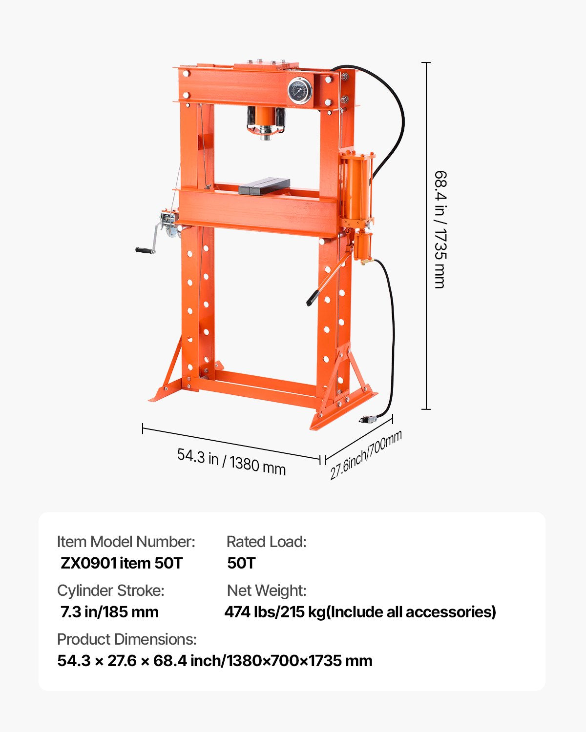 Hydraulic Shop Press, 50 T H-Frame Pneumatic Shop Press with Press Plate & Triangular Support, Stable Garage Floor Adjustable Hydraulic Press with Relief Valve, Fit for Bending & Straightening
