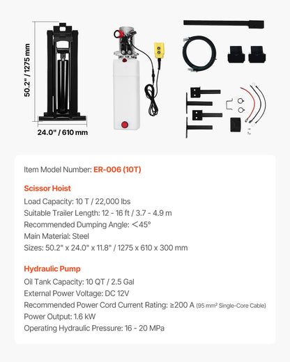 Hydraulic Dump Lift Kit, 22,000 lb/10 T Dump Trailer Hydraulic Scissor Hoist Kit Standard Kit, Hydraulic Dump Bed Kit with 12V Hydraulic Pump Unit Suitable for Scissor Lift Dump Trailers Trucks