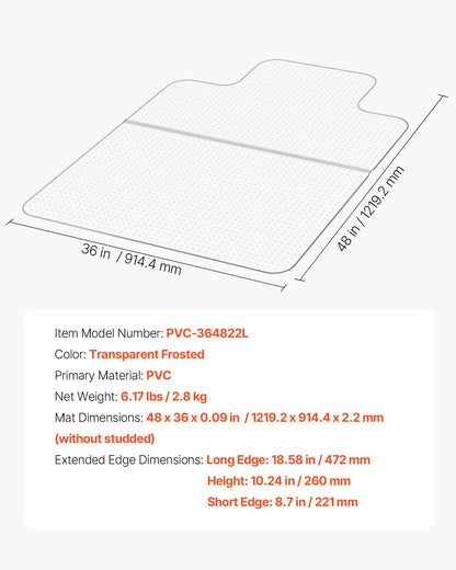 Chair Mat with Lip, 915 x 1225 mm Office Chair Mat for Low Pile Carpeted Floors, Plastic Floor Protector Rug with Studded, Non-Slip & Easy to Clean, Smooth Glide Under Desk Rug for Home Office