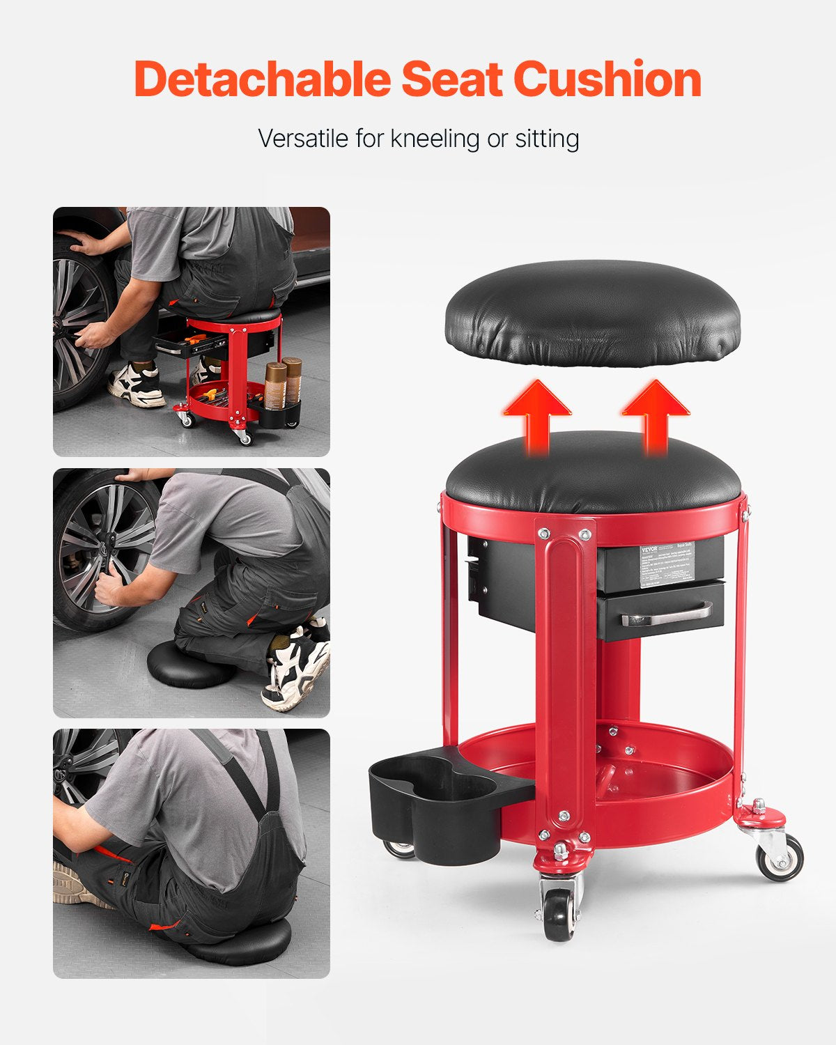 Rolling Mechanic Stool with Wheels, 300 lbs Capacity Garage Seat/Work Stool, Padded Roller Creeper Seat with Fixed Height, Tool Tray and 2 Drawers, for Garage, Shop & Auto Repair, Red+Black