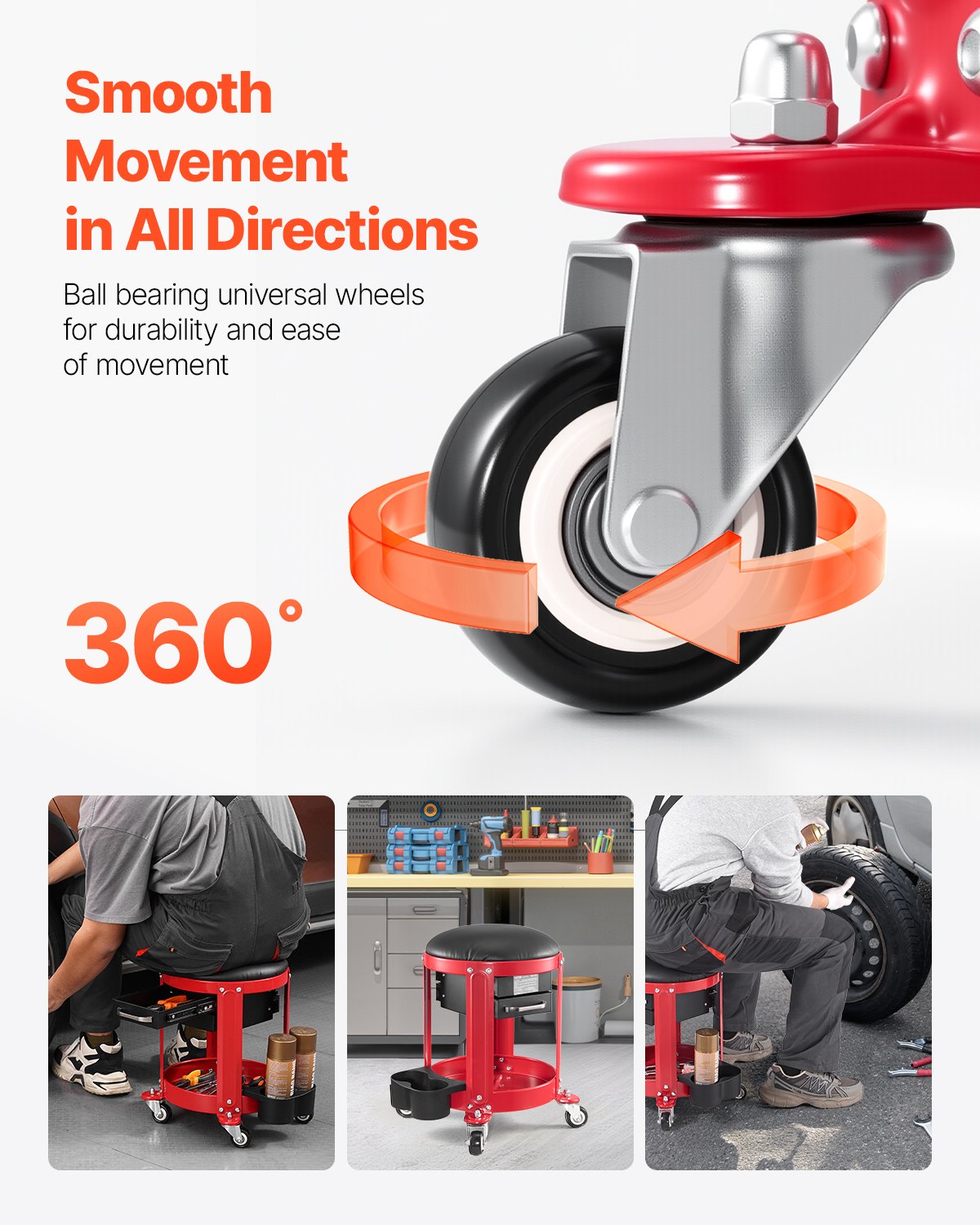 Rolling Mechanic Stool with Wheels, 300 lbs Capacity Garage Seat/Work Stool, Padded Roller Creeper Seat with Fixed Height, Tool Tray and 2 Drawers, for Garage, Shop & Auto Repair, Red+Black