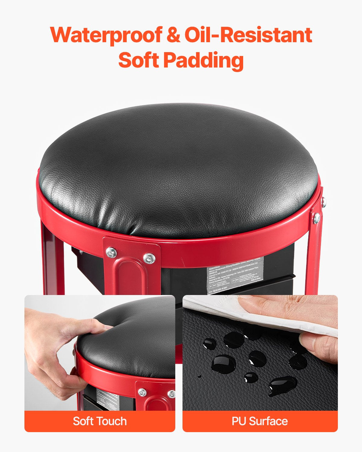 Rolling Mechanic Stool with Wheels, 300 lbs Capacity Garage Seat/Work Stool, Padded Roller Creeper Seat with Fixed Height, Tool Tray and 2 Drawers, for Garage, Shop & Auto Repair, Red+Black