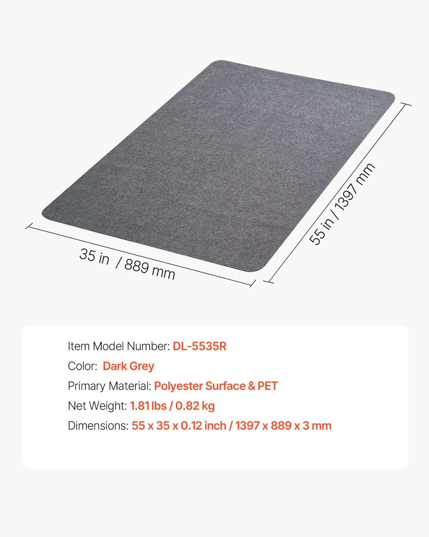 Chair Mat, 897 x 1396 mm Office Chair Mat for Hard Floors, Floor Protector for Rolling Chairs, Polyester Surface, Non-Slip & Easy to Clean, Smooth Glide Under Desk Rug for Home Office (Dark Grey)