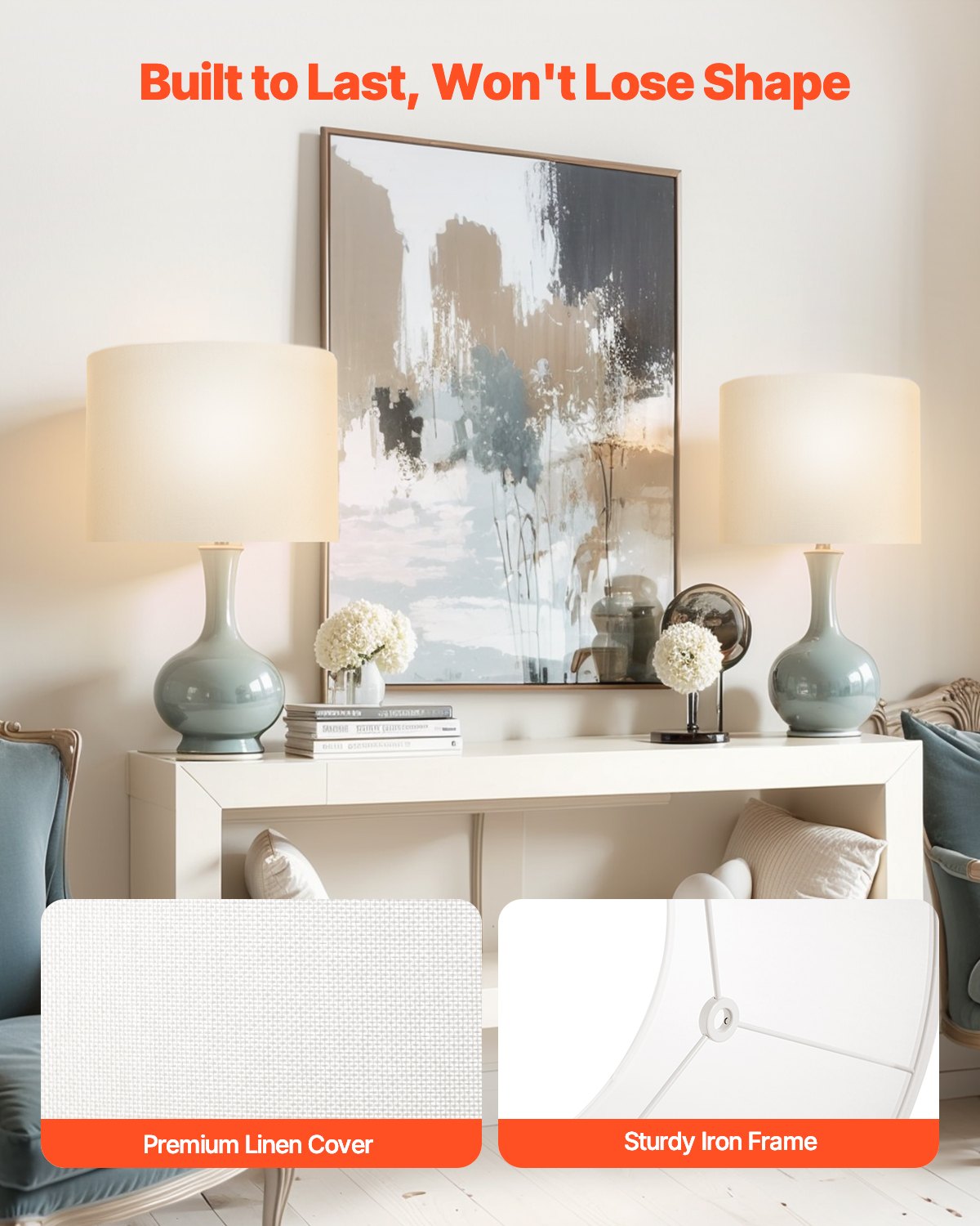 Trumlampskärmar, 2-set, 33 cm topp x 33 cm botten x 25 cm hög, mellanstor trumlampskärm i linne, reservskärm för bordslampor, golvlampor och pendellampor, enkel montering krävs (off-white)