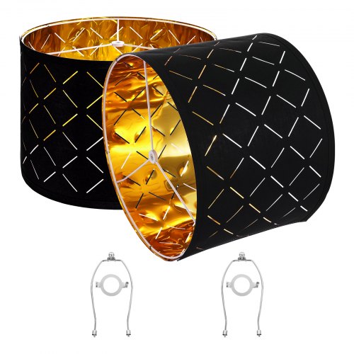 Drum Lamp Shade 2 Set, 13 in Top x 13 in Bottom x 10 in High, Medium Drum Lampshade with Harp, Replacement Lamp Shade for Table Lamps Floor Lamps Pendant Lights, Black Diamond Hollow Design