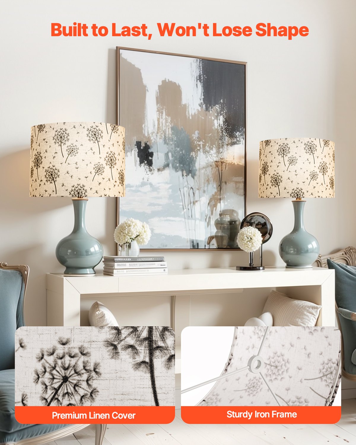 Trumlampskärmar, 2-set, 33 cm topp x 33 cm botten x 25 cm hög, mellanstor trumlampskärm i linne, reservskärm för bordslampor och golvlampor, enkel montering krävs (ljust maskrosmönster)