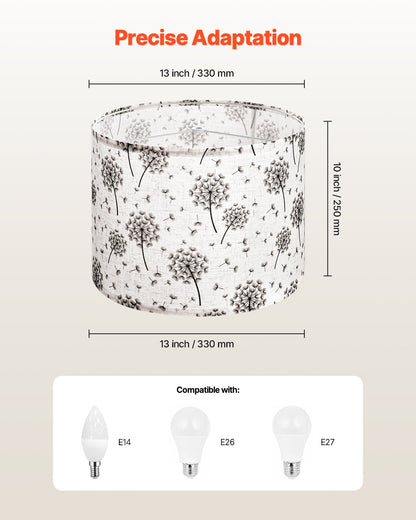 Trumlampskärmar, 2-set, 33 cm topp x 33 cm botten x 25 cm hög, mellanstor trumlampskärm i linne, reservskärm för bordslampor och golvlampor, enkel montering krävs (ljust maskrosmönster)