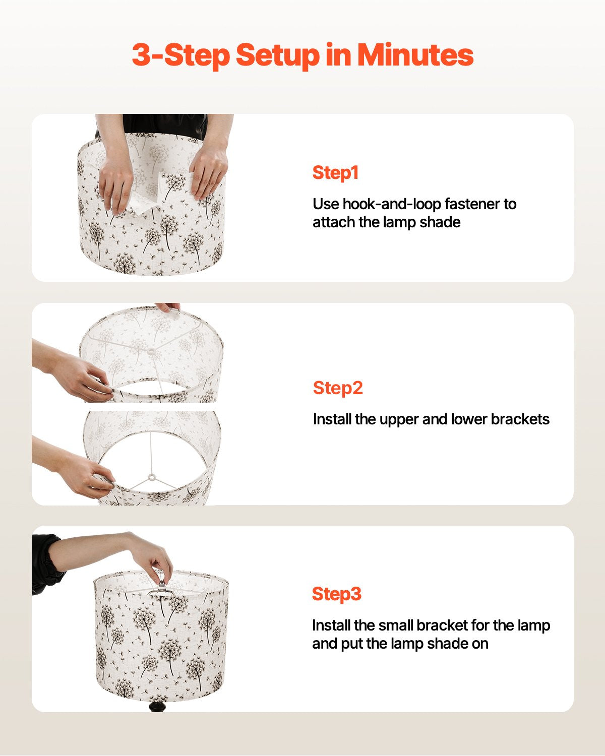 Trumlampskärmar, 2-set, 33 cm topp x 33 cm botten x 25 cm hög, mellanstor trumlampskärm i linne, reservskärm för bordslampor och golvlampor, enkel montering krävs (ljust maskrosmönster)