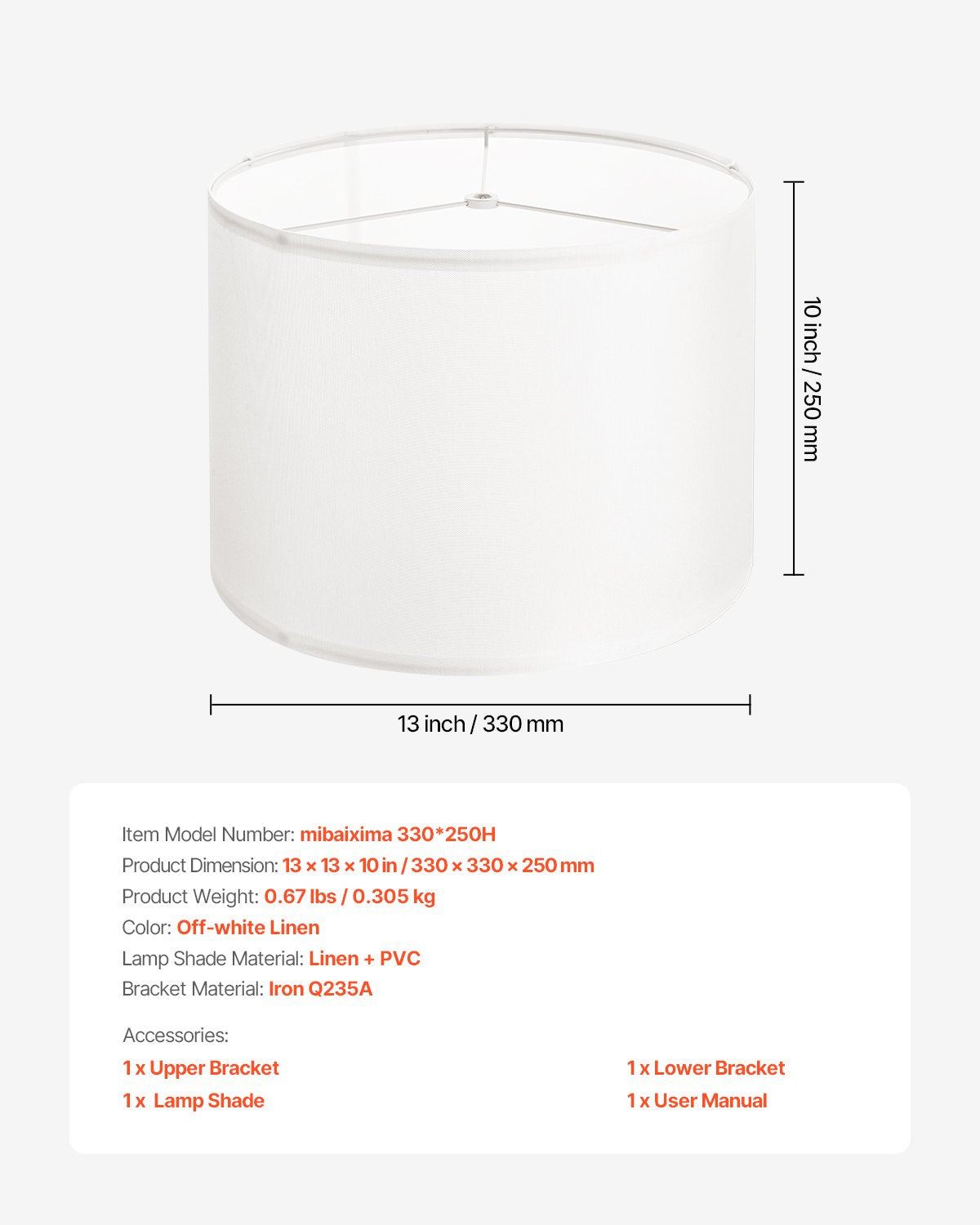 Drum Lamp Shade, 13 in Top x 13 in Bottom x 10 in High, Medium Drum Linen Lampshade, Replacement Lamp Shade for Table Lamps Floor Lamps Pendant Lights, Easy Assembly Required (Off-white Linen)
