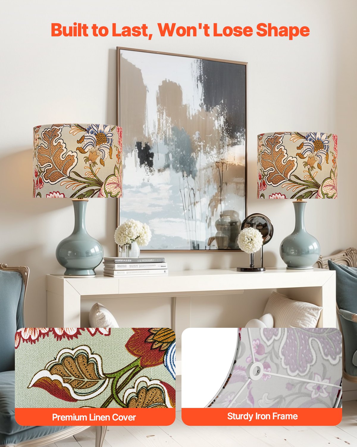 Trumlampskärmar, 2-set, 33 cm topp x 33 cm botten x 25 cm hög, mellanstor trumlampskärm i linne, reservskärm för bordslampor, golvlampor och pendellampor, enkel montering krävs (mörk blommig)