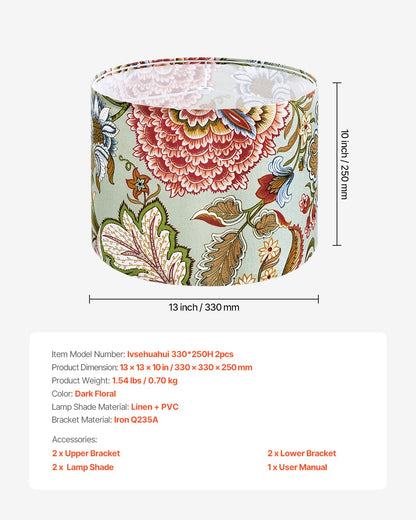Trumlampskärmar, 2-set, 33 cm topp x 33 cm botten x 25 cm hög, mellanstor trumlampskärm i linne, reservskärm för bordslampor, golvlampor och pendellampor, enkel montering krävs (mörk blommig)