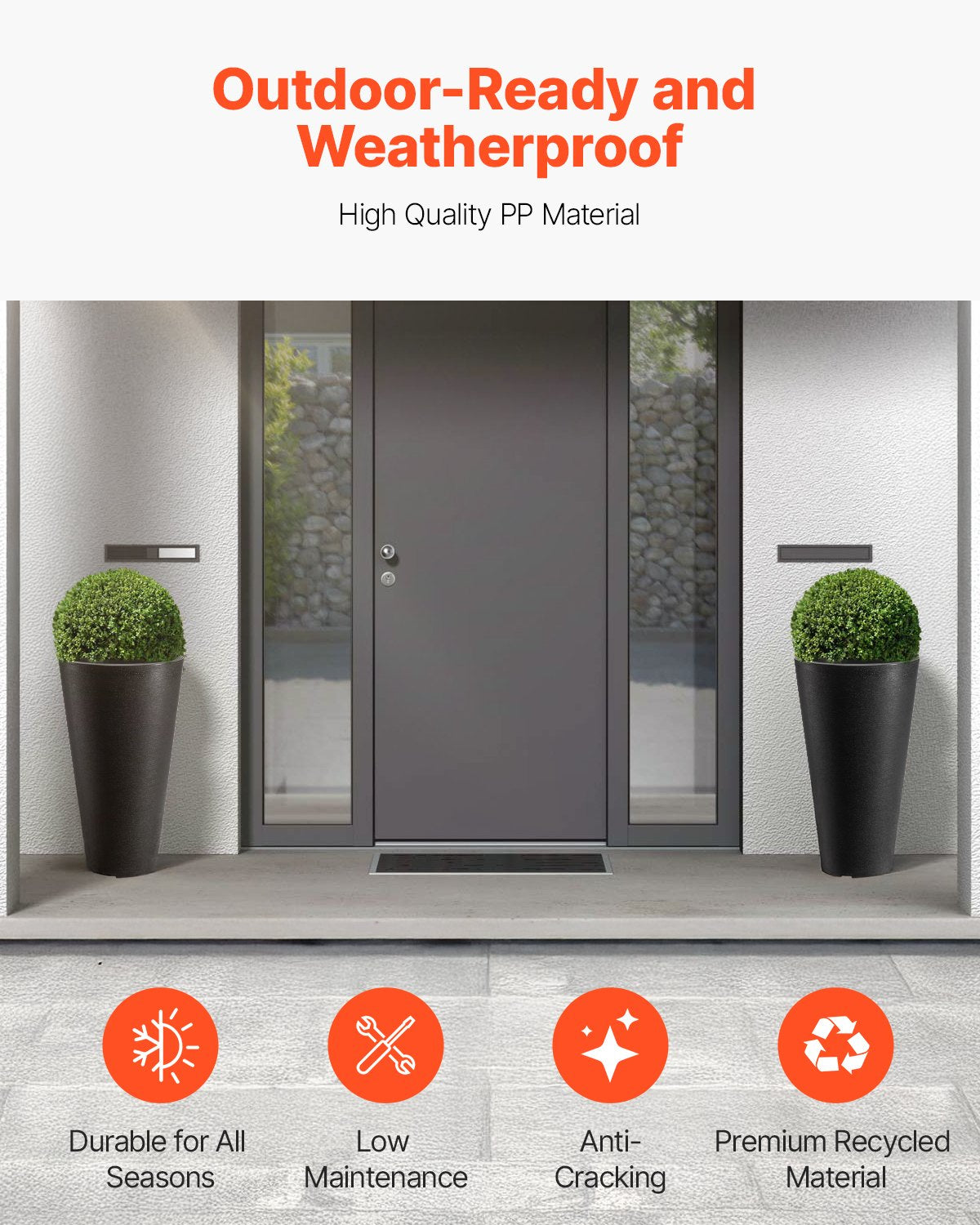 Set med 2 höga krukor för utomhus- och inomhusväxter, 60 cm, svarta runda stora krukor för veranda, uteplats, höga, avsmalnande krukor för blomsterträd med modern design och inbyggd dränering