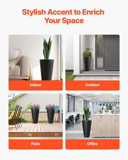 Set med 2 höga krukor för utomhus- och inomhusväxter, 60 cm, svarta runda stora krukor för veranda, uteplats, höga, avsmalnande krukor för blomsterträd med modern design och inbyggd dränering