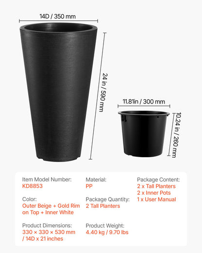 Set med 2 höga krukor för utomhus- och inomhusväxter, 60 cm, svarta runda stora krukor för veranda, uteplats, höga, avsmalnande krukor för blomsterträd med modern design och inbyggd dränering