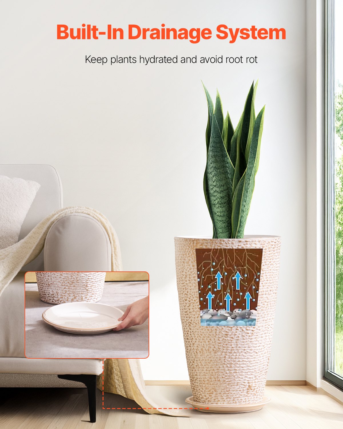 Set med 2 höga utomhusplanterare, 56 cm höga, runda stora planterare för veranda och uteplats, stenfinish för blomträd