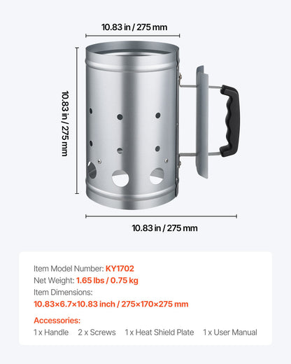 Kolstartare för skorsten, 1,8 kg stor kolkamin, kraftig grilltändare i stål för kolgrill och grillar, kompakt koltändare och grillverktyg för språng, silver