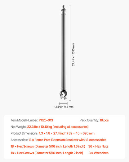 Kedjelänkstaketförlängningar, 18-pack 695 mm förlängningshöjd, galvaniserad stolpförlängare för 32 till 38 mm topp på staketet, U-fäste, taggtrådsförlängningsarm för avskildhet, förhindrar att hundar hoppar ut