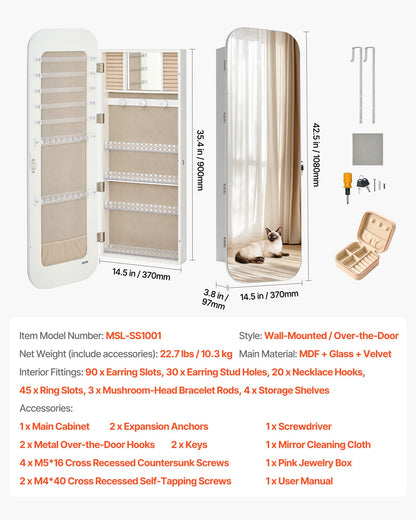 Spegelskåp för smycken, 1080 mm hög, helfigursspegel med förvaring, väggmonterad/över dörren smyckesskåp, rundad design, låsbar med 2 nycklar och en reseskåp, vit
