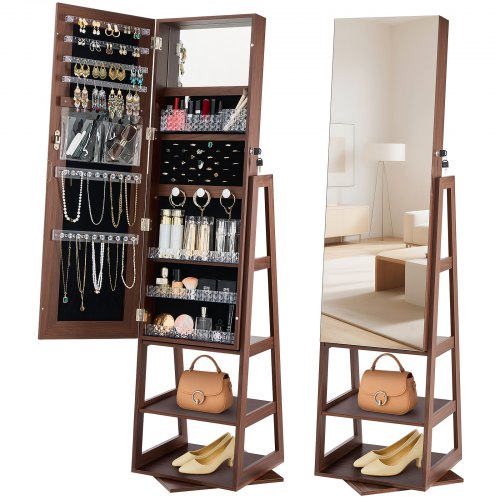 360° Swivel Jewelry Cabinet, 1550 mm Tall, Full-Length Mirror with Storage, Standing Rotatable Jewelry Armoire Organizer, Lockable Door with 2 Keys, Accessory Pouches, and Storage Shelves