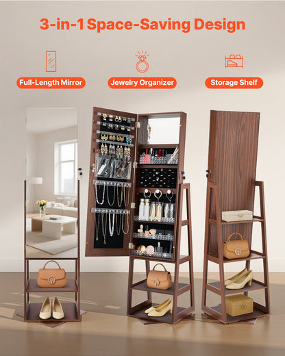 360° Swivel Jewelry Cabinet, 1550 mm Tall, Full-Length Mirror with Storage, Standing Rotatable Jewelry Armoire Organizer, Lockable Door with 2 Keys, Accessory Pouches, and Storage Shelves