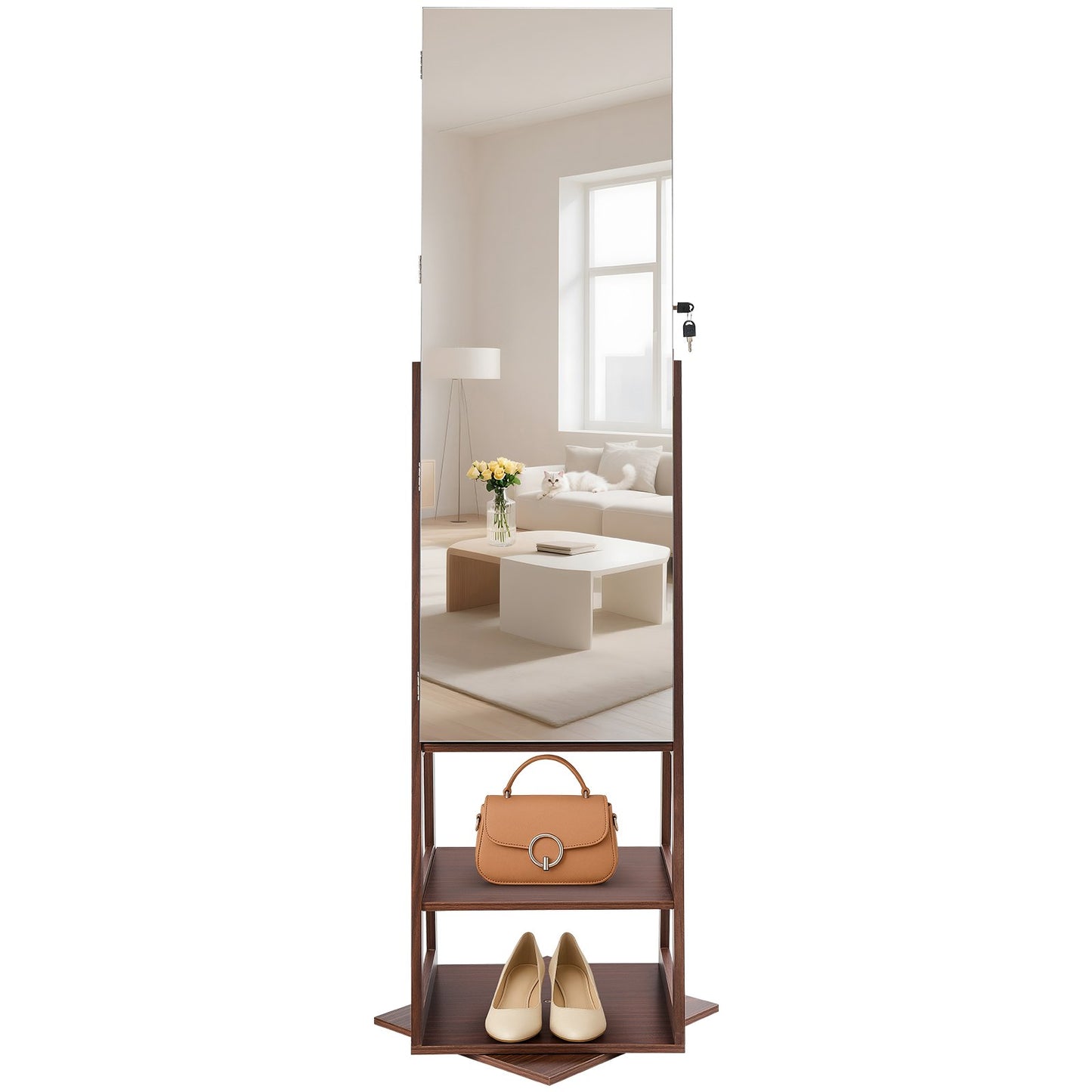 360° Swivel Jewelry Cabinet, 1550 mm Tall, Full-Length Mirror with Storage, Standing Rotatable Jewelry Armoire Organizer, Lockable Door with 2 Keys, Accessory Pouches, and Storage Shelves