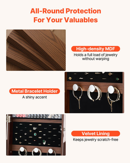 360° Swivel Jewelry Cabinet, 1550 mm Tall, Full-Length Mirror with Storage, Standing Rotatable Jewelry Armoire Organizer, Lockable Door with 2 Keys, Accessory Pouches, and Storage Shelves