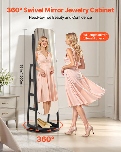 360° Swivel Jewelry Cabinet, 1600 mm Tall, Full-Length Mirror with Storage, Standing Rotatable Jewelry Armoire Organizer, Lockable Door with 2 Keys, Accessory Pouches, and Storage Shelves