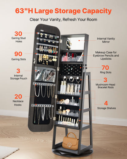 360° Swivel Jewelry Cabinet, 1600 mm Tall, Full-Length Mirror with Storage, Standing Rotatable Jewelry Armoire Organizer, Lockable Door with 2 Keys, Accessory Pouches, and Storage Shelves