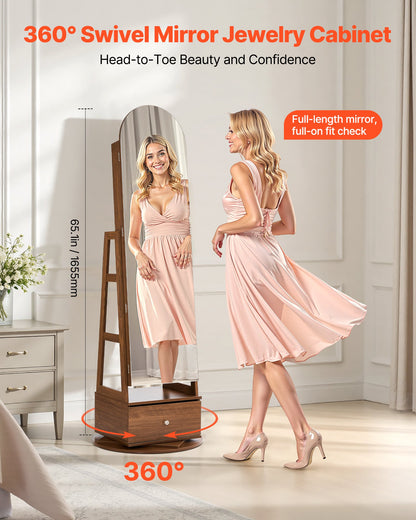 360° Swivel Jewelry Cabinet, 1655 mm Tall, Full-Length Mirror with Storage, Standing Rotatable Jewelry Armoire Organizer, Lockable with 2 Keys, Accessory Pouches, Storage Shelves and Drawer