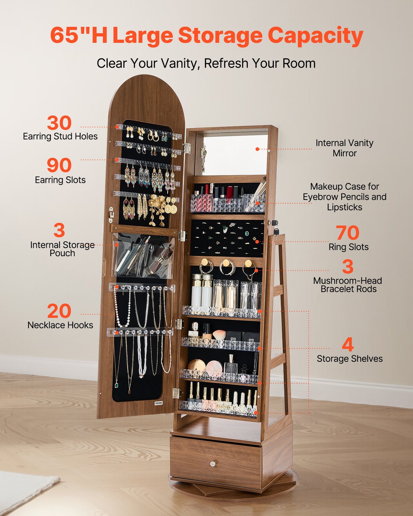 360° Swivel Jewelry Cabinet, 1655 mm Tall, Full-Length Mirror with Storage, Standing Rotatable Jewelry Armoire Organizer, Lockable with 2 Keys, Accessory Pouches, Storage Shelves and Drawer