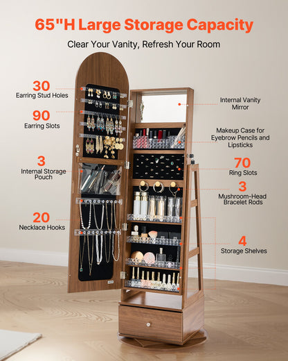 360° Swivel Jewelry Cabinet, 1655 mm Tall, Full-Length Mirror with Storage, Standing Rotatable Jewelry Armoire Organizer, Lockable with 2 Keys, Accessory Pouches, Storage Shelves and Drawer