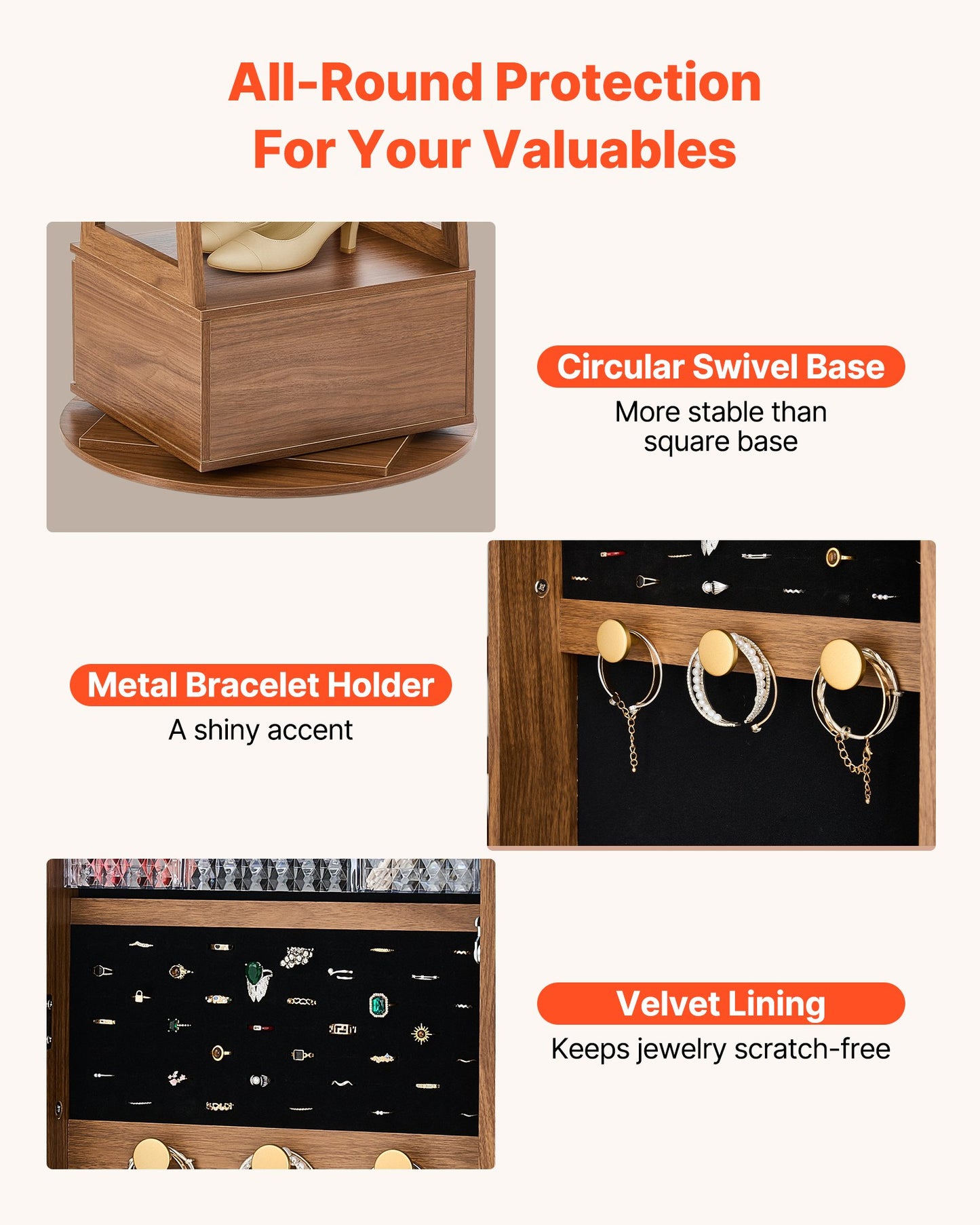 360° Swivel Jewelry Cabinet, 1655 mm Tall, Full-Length Mirror with Storage, Standing Rotatable Jewelry Armoire Organizer, Lockable with 2 Keys, Accessory Pouches, Storage Shelves and Drawer