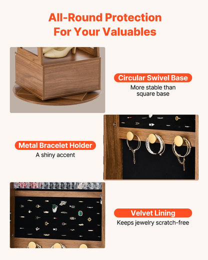 360° Swivel Jewelry Cabinet, 1655 mm Tall, Full-Length Mirror with Storage, Standing Rotatable Jewelry Armoire Organizer, Lockable with 2 Keys, Accessory Pouches, Storage Shelves and Drawer