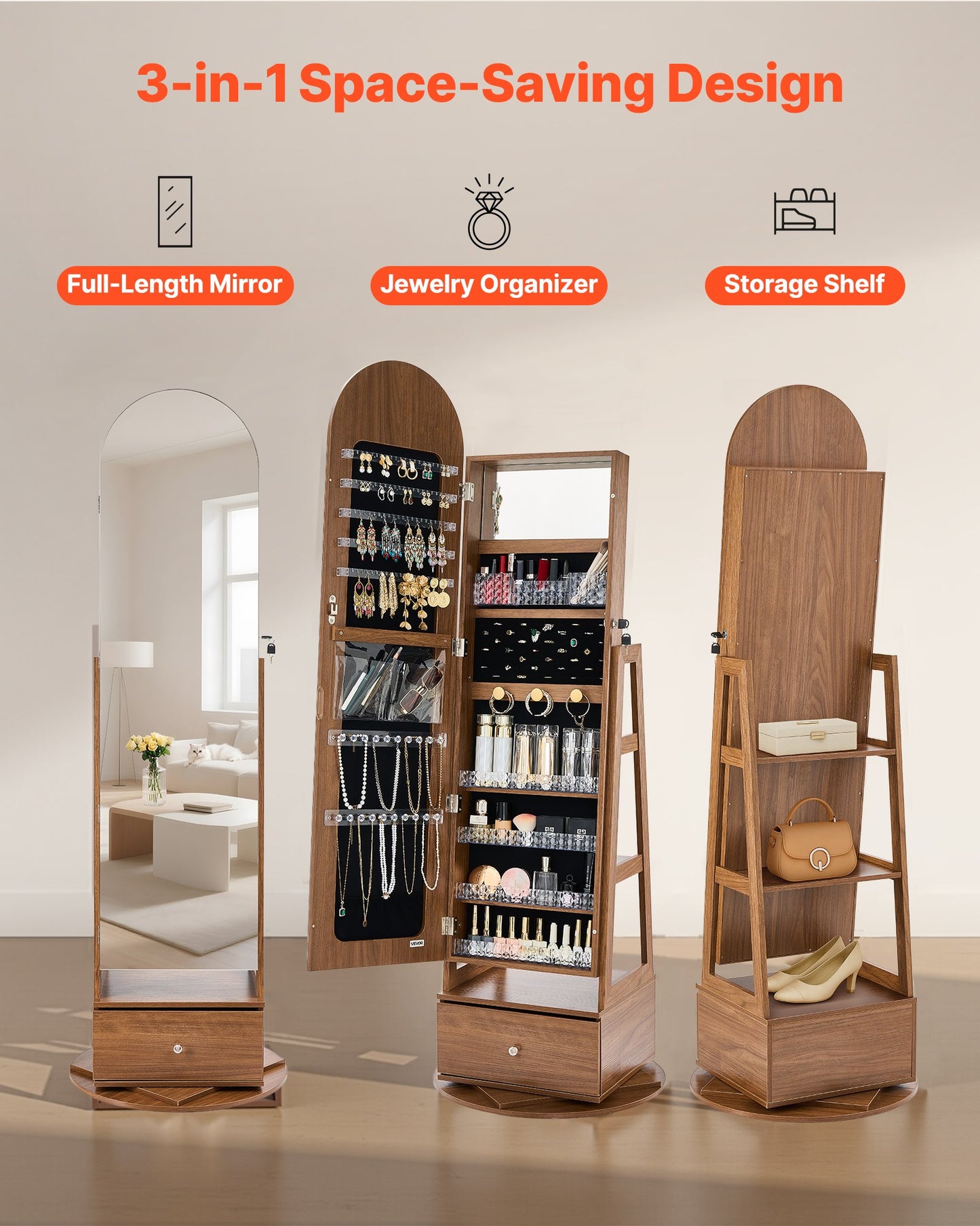 360° Swivel Jewelry Cabinet, 1655 mm Tall, Full-Length Mirror with Storage, Standing Rotatable Jewelry Armoire Organizer, Lockable with 2 Keys, Accessory Pouches, Storage Shelves and Drawer