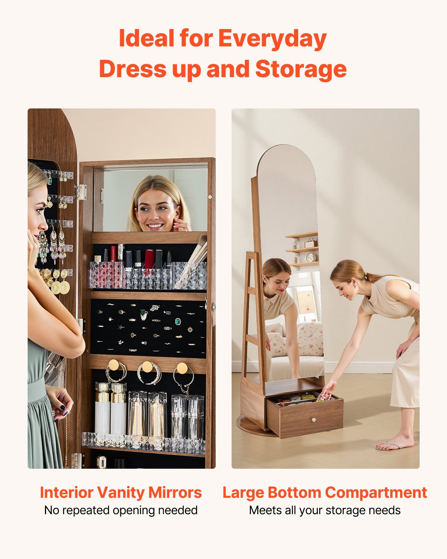 360° Swivel Jewelry Cabinet, 1655 mm Tall, Full-Length Mirror with Storage, Standing Rotatable Jewelry Armoire Organizer, Lockable with 2 Keys, Accessory Pouches, Storage Shelves and Drawer