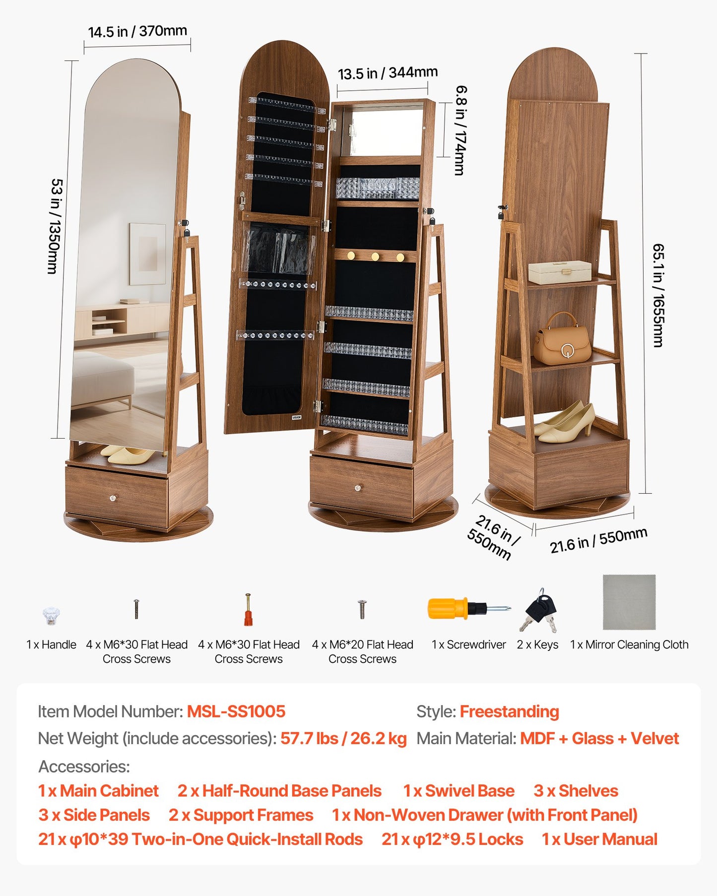 360° Swivel Jewelry Cabinet, 1655 mm Tall, Full-Length Mirror with Storage, Standing Rotatable Jewelry Armoire Organizer, Lockable with 2 Keys, Accessory Pouches, Storage Shelves and Drawer