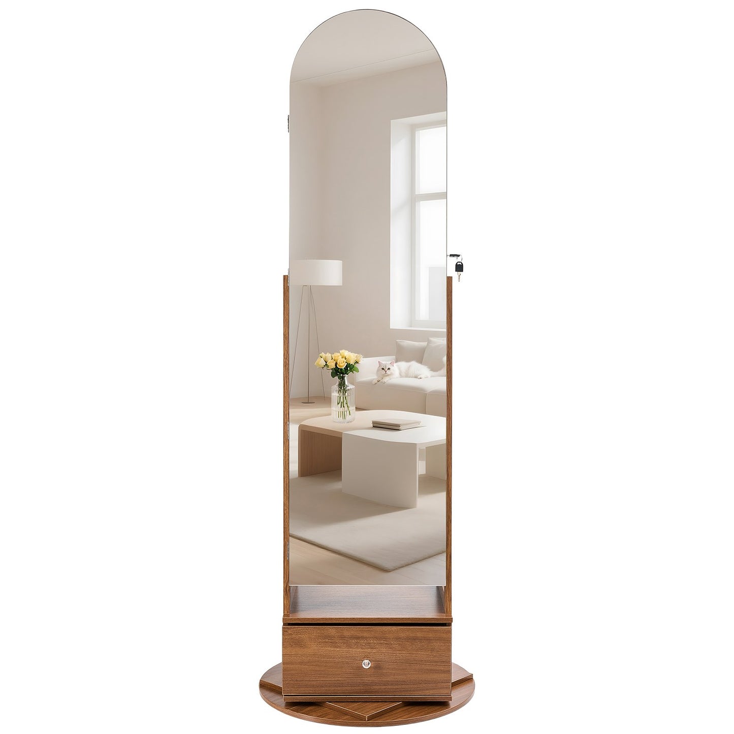 360° Swivel Jewelry Cabinet, 1655 mm Tall, Full-Length Mirror with Storage, Standing Rotatable Jewelry Armoire Organizer, Lockable with 2 Keys, Accessory Pouches, Storage Shelves and Drawer