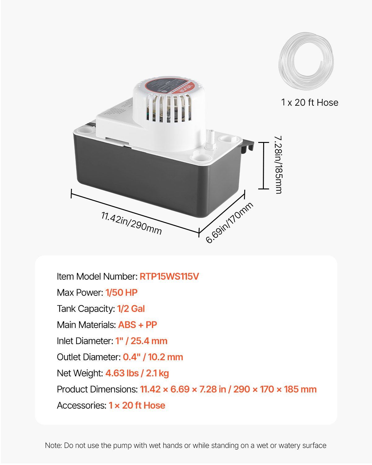 Kondensavlägsningspump, 1/50 hk, 65 GPH, 15 fot/4,57 m lyft, 1/2 gallon tank, automatisk AC-kondenspump med flottörbrytare och 20 fot slang för luftkonditionering, avfuktare, ugn, ismaskin, vattenavlopp