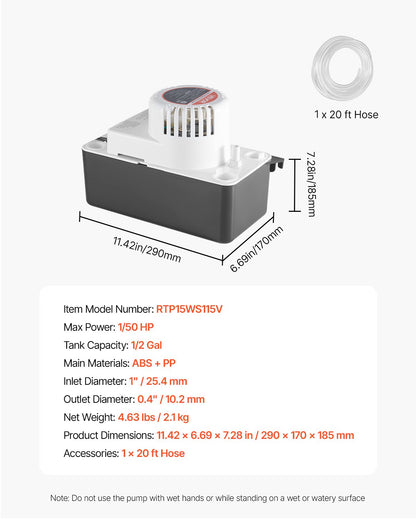 Kondensavlägsningspump, 1/50 hk, 65 GPH, 15 fot/4,57 m lyft, 1/2 gallon tank, automatisk AC-kondenspump med flottörbrytare och 20 fot slang för luftkonditionering, avfuktare, ugn, ismaskin, vattenavlopp