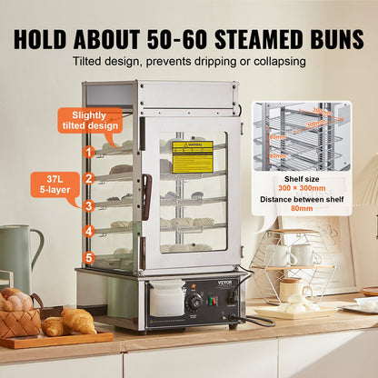 Commercial Food Warmer Display, 5-Tier Food Steamer Bun Warmer Machine, 30℃~110℃ Temperature Control, Stainless Steel Steamed Buns Warmer with LED, Steam Heating for Steamed Buns Siomai Corn