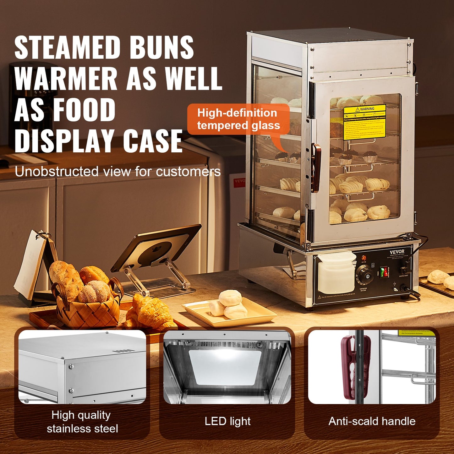 Commercial Food Warmer Display, 5-Tier Food Steamer Bun Warmer Machine, 30℃~110℃ Temperature Control, Stainless Steel Steamed Buns Warmer with LED, Steam Heating for Steamed Buns Siomai Corn