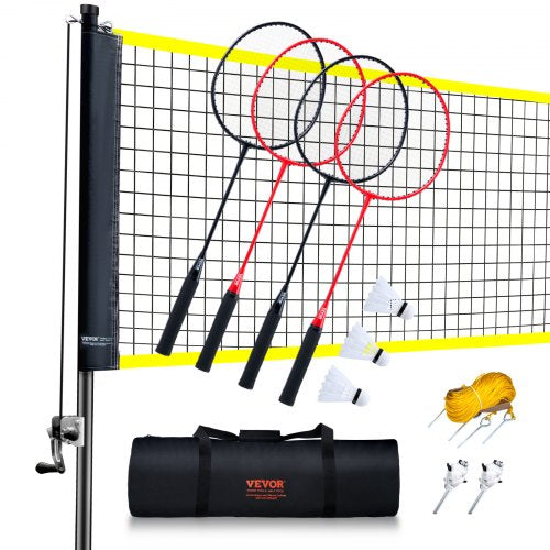 Badminton Net Set, Outdoor Backyard Beach Park Badminton Net, Portable Badminton Equipment Set, Adults Kids Badminton Net with Poles, Carrying Bag, 4 Iron Rackets, and 3 Nylon Shuttlecocks