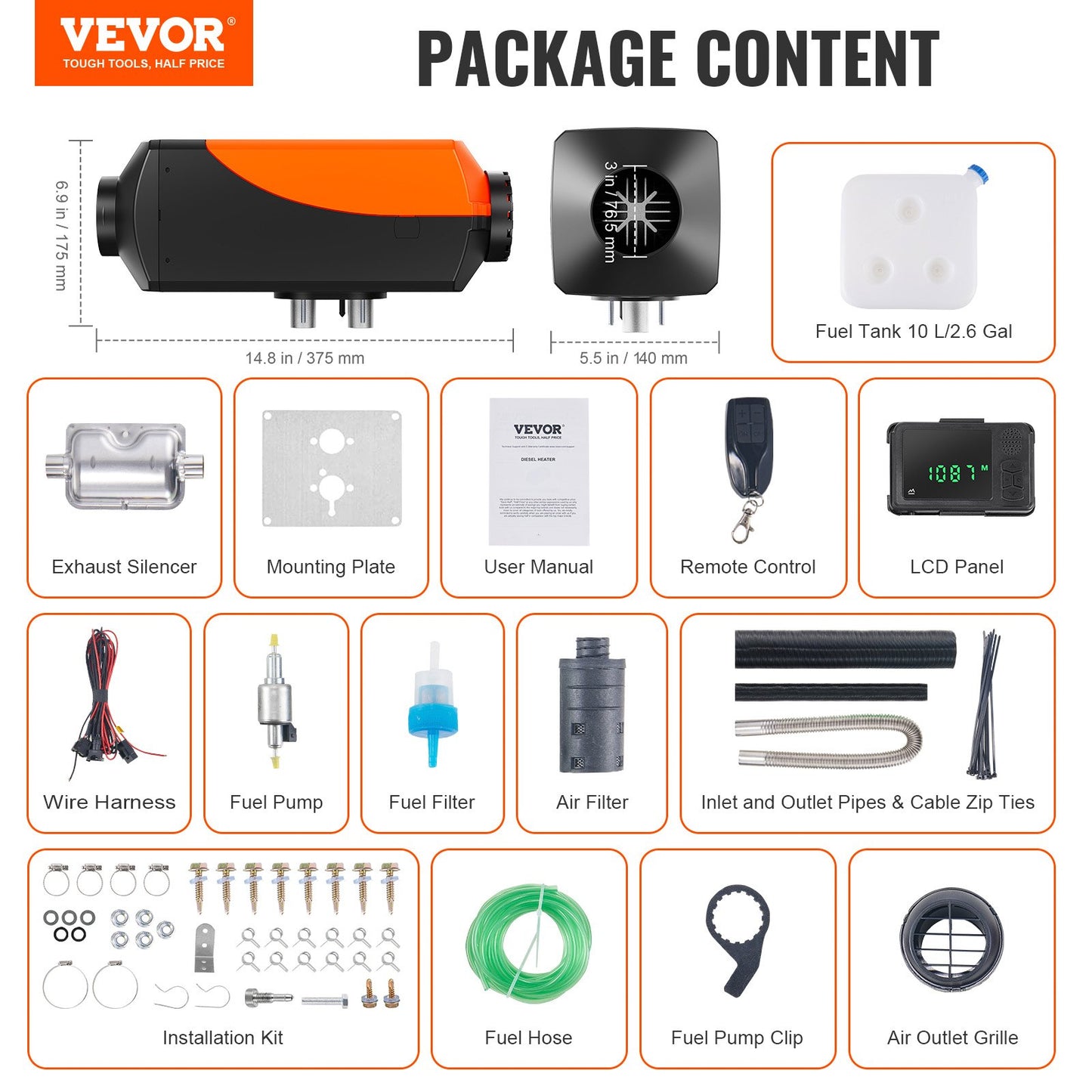 Air Diesel Heater Parking Heater 12 V 5 kW, Air Heater Air Diesel Diesel Parking Heater Air Heater, 0.16–0.52 L/hour Diesel Heater with LCD Display & Remote Control & Bluetooth APP