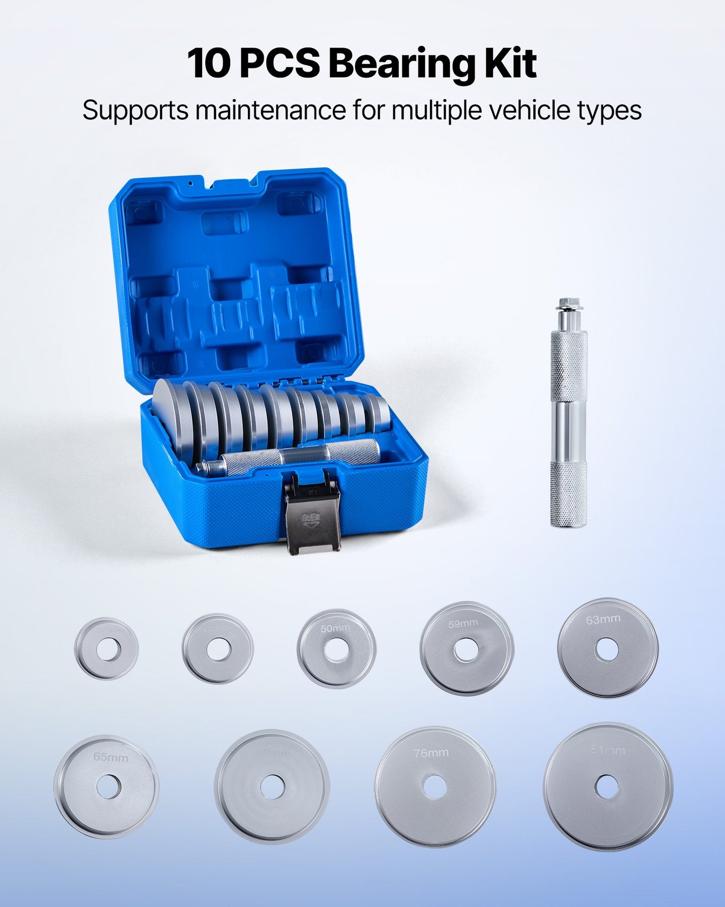 Bearing Press Kit, 10 Pcs, Bearing Race and Seal Driver Set with 9 Bushings and Handle Shaft, Bushing Driver Tool Set, Heavy Duty Aluminum Alloy Removal Installation Tool Kit with Storage Case