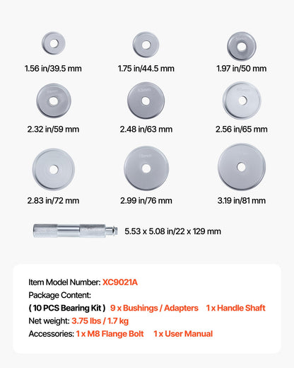 Bearing Press Kit, 10 Pcs, Bearing Race and Seal Driver Set with 9 Bushings and Handle Shaft, Bushing Driver Tool Set, Heavy Duty Aluminum Alloy Removal Installation Tool Kit with Storage Case