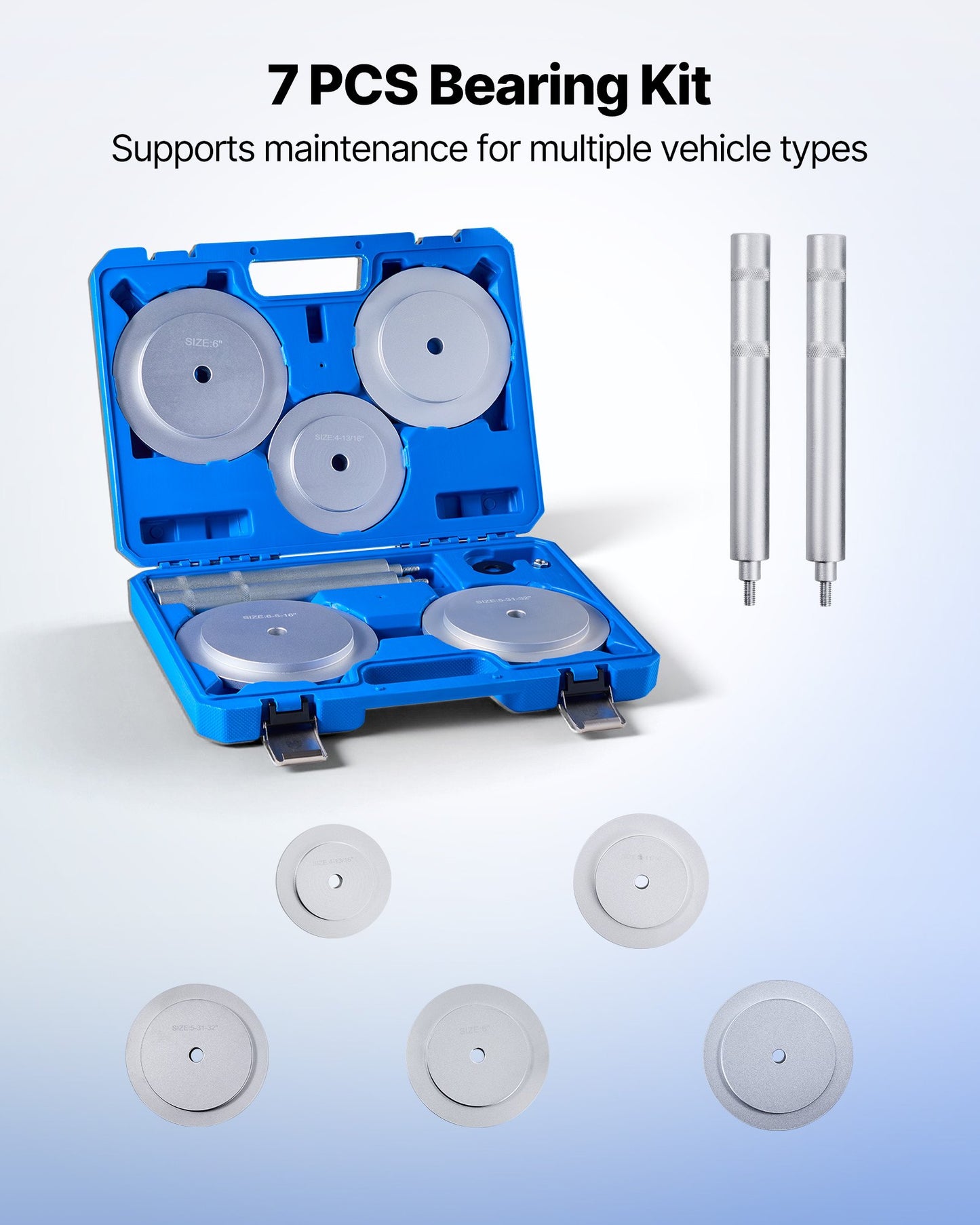 Bearing Press Kit, 7 Pcs, Bearing Race and Seal Driver Set with 5 Bushings, Handle Shaft and Extension Rod, Bushing Driver Tool Set, Heavy Duty Removal Installation Tool Kit with Storage Case