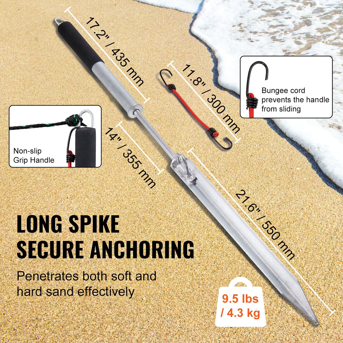 Sand Spike Boat Anchor Pole, 36" Galvanized Carbon Steel Slide Anchor Shore Spike, Self-Hammering Beach Spike Anchor for Small Boat Jetski Pontoon Kayak, with Oxford Storage Bag and Bungee Cord