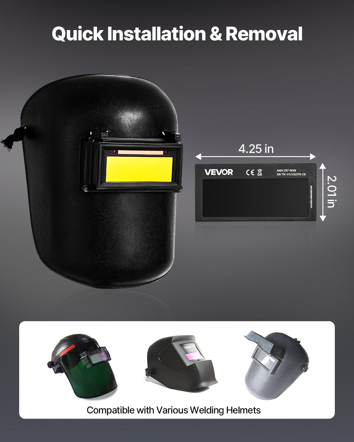 Automatisk nedbländande svetslins 108 x 51 mm, svetslins med skugga 9, äkta färg, dubbla ljusbågssensorer, kompatibel med de flesta svetshjälmar för TIG-, MIG-, MMA- och ljusbågssvetsningstillämpningar